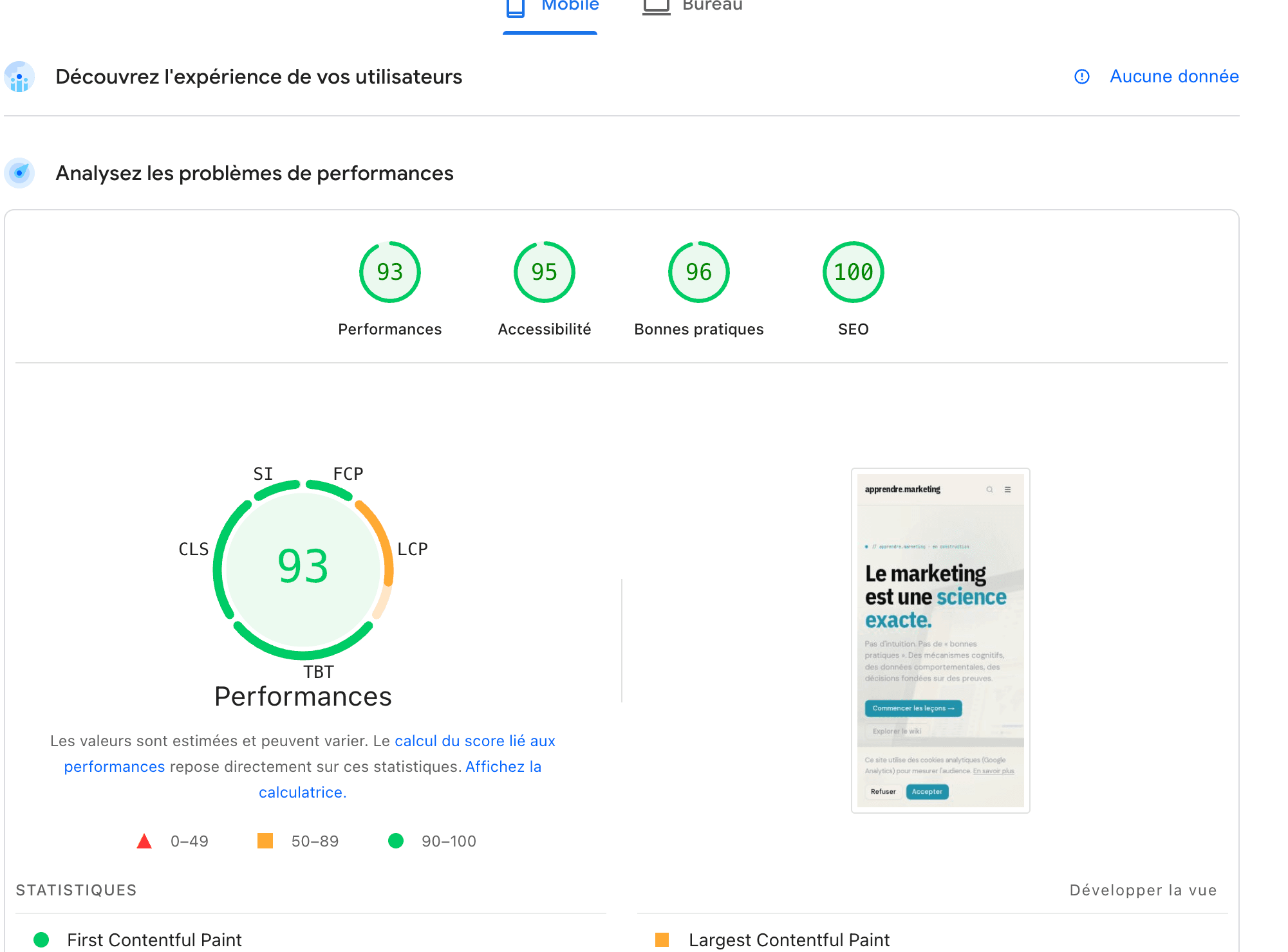 Score PageSpeed Insights mobile Onyx : Performances 93, Accessibilité 95, Bonnes pratiques 96, SEO 100
